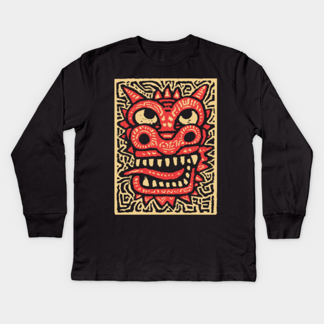 Chinese Dragon Head | Tribal Lunar New Year Kids Long Sleeve T-Shirt by TuncGK