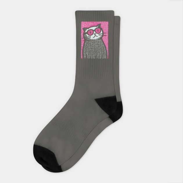 Cool Cat with Pink Glasses | Funny Pop Art Graphic Socks by TuncGK
