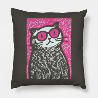 Cool Cat with Pink Glasses | Funny Pop Art Graphic Pillow