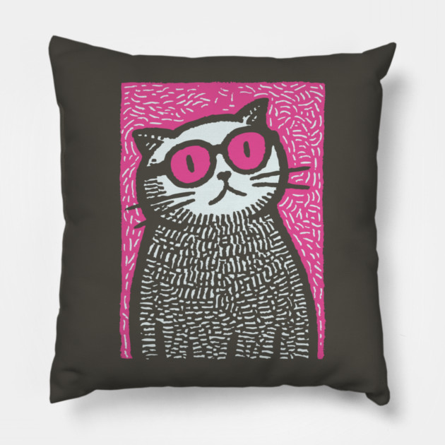 Cool Cat with Pink Glasses | Funny Pop Art Graphic Pillow by TuncGK