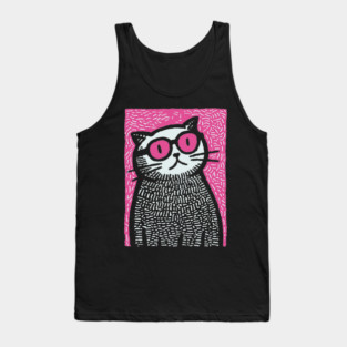 Cool Cat with Pink Glasses | Funny Pop Art Graphic Tank Top