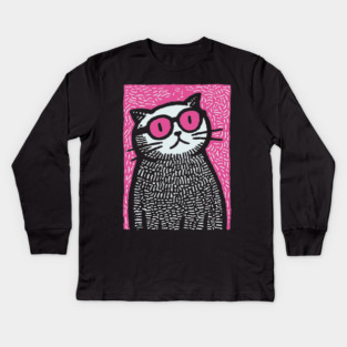 Cool Cat with Pink Glasses | Funny Pop Art Graphic Kids Long Sleeve T-Shirt