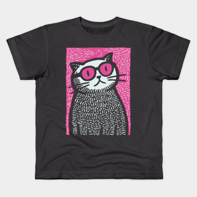 Cool Cat with Pink Glasses | Funny Pop Art Graphic Kids T-Shirt by TuncGK