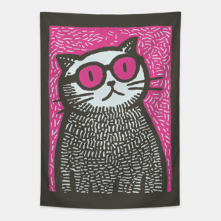 Cool Cat with Pink Glasses | Funny Pop Art Graphic Tapestry
