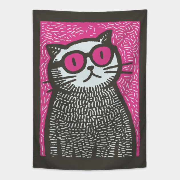 Cool Cat with Pink Glasses | Funny Pop Art Graphic Tapestry by TuncGK