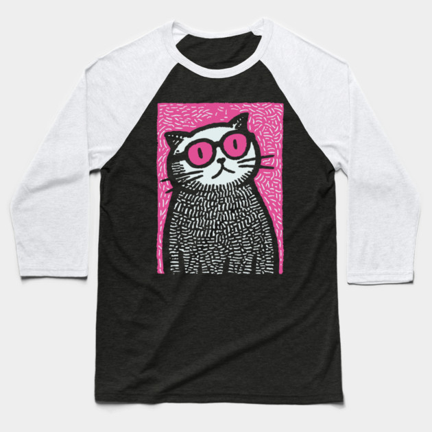 Cool Cat with Pink Glasses | Funny Pop Art Graphic Baseball T-Shirt by TuncGK