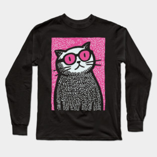 Cool Cat with Pink Glasses | Funny Pop Art Graphic Long Sleeve T-Shirt