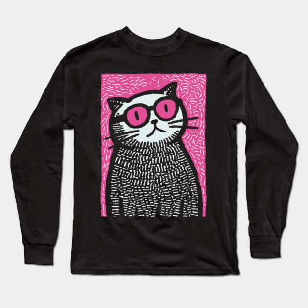 Cool Cat with Pink Glasses | Funny Pop Art Graphic Long Sleeve T-Shirt by TuncGK