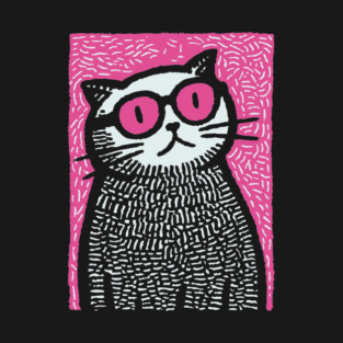 Cool Cat with Pink Glasses | Funny Pop Art Graphic T-Shirt