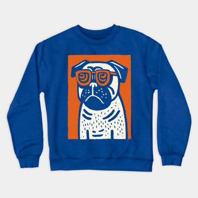 Cool Pug with Glasses | Funny Dog Linocut Crewneck Sweatshirt by TuncGK