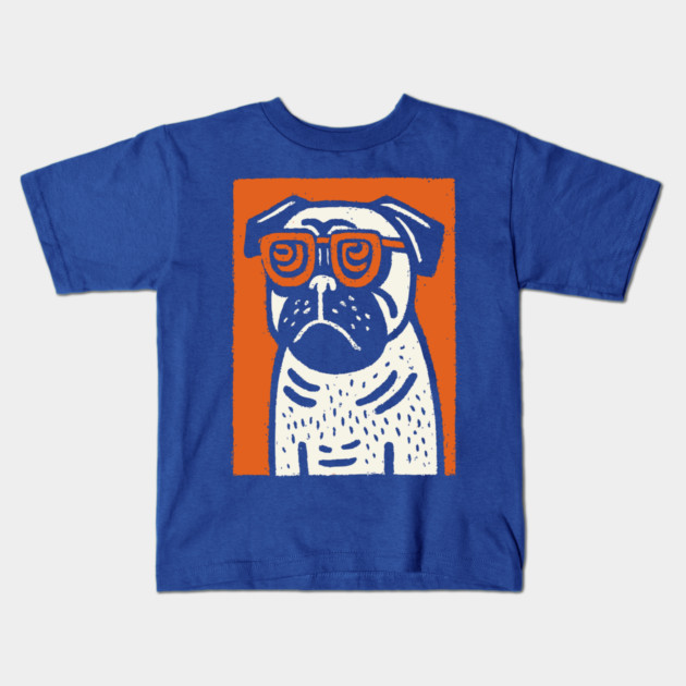 Cool Pug with Glasses | Funny Dog Linocut Kids T-Shirt by TuncGK