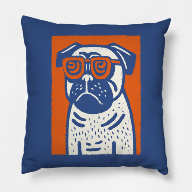 Cool Pug with Glasses | Funny Dog Linocut Pillow by TuncGK