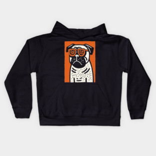 Cool Pug with Glasses | Funny Dog Linocut Kids Hoodie
