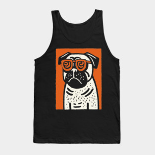 Cool Pug with Glasses | Funny Dog Linocut Tank Top