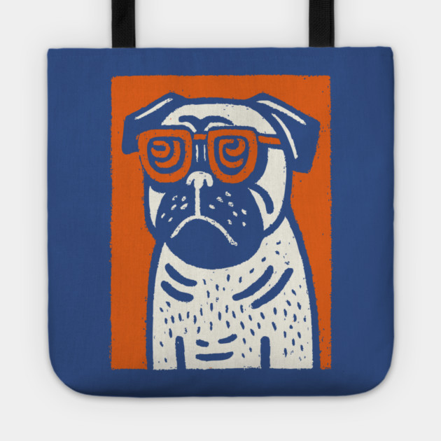 Cool Pug with Glasses | Funny Dog Linocut Tote by TuncGK