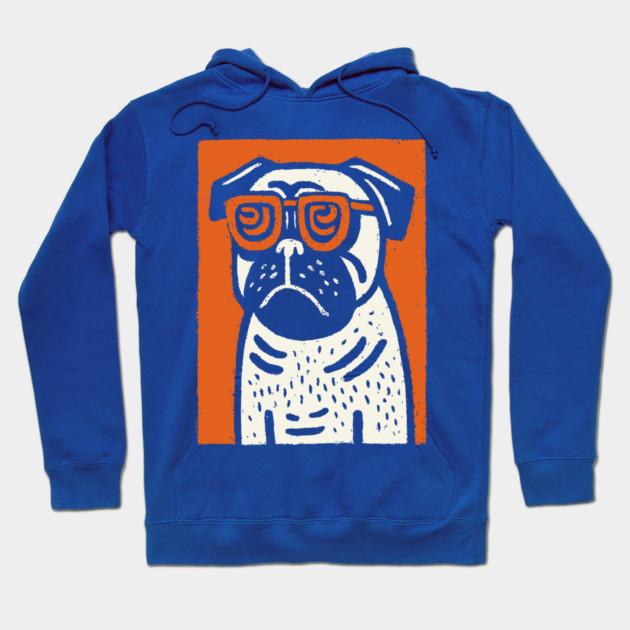 Cool Pug with Glasses | Funny Dog Linocut Hoodie by TuncGK