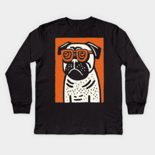 Cool Pug with Glasses | Funny Dog Linocut Kids Long Sleeve T-Shirt