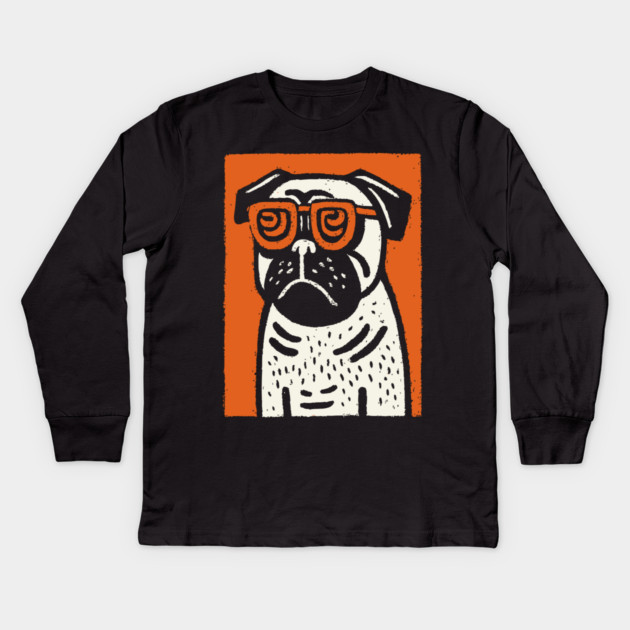 Cool Pug with Glasses | Funny Dog Linocut Kids Long Sleeve T-Shirt by TuncGK