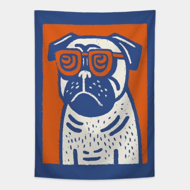 Cool Pug with Glasses | Funny Dog Linocut Tapestry by TuncGK