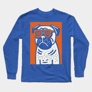 Cool Pug with Glasses | Funny Dog Linocut Long Sleeve T-Shirt
