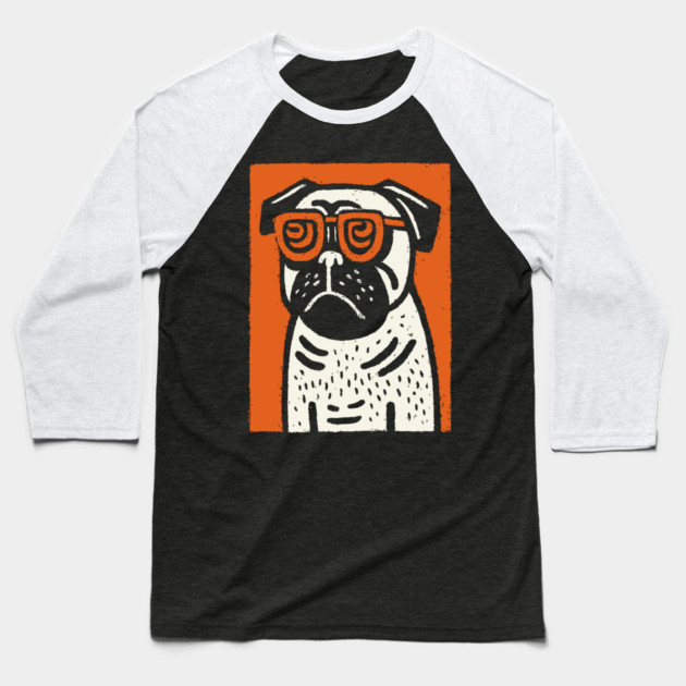 Cool Pug with Glasses | Funny Dog Linocut Baseball T-Shirt by TuncGK