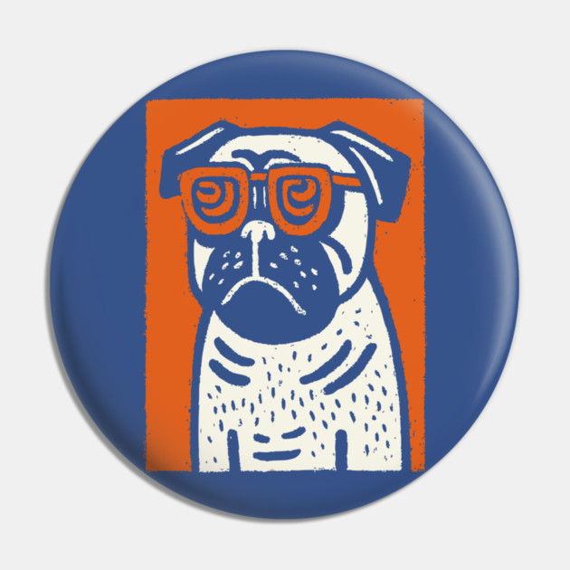 Cool Pug with Glasses | Funny Dog Linocut Pin by TuncGK