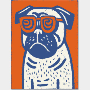 Cool Pug with Glasses | Funny Dog Linocut Posters and Art