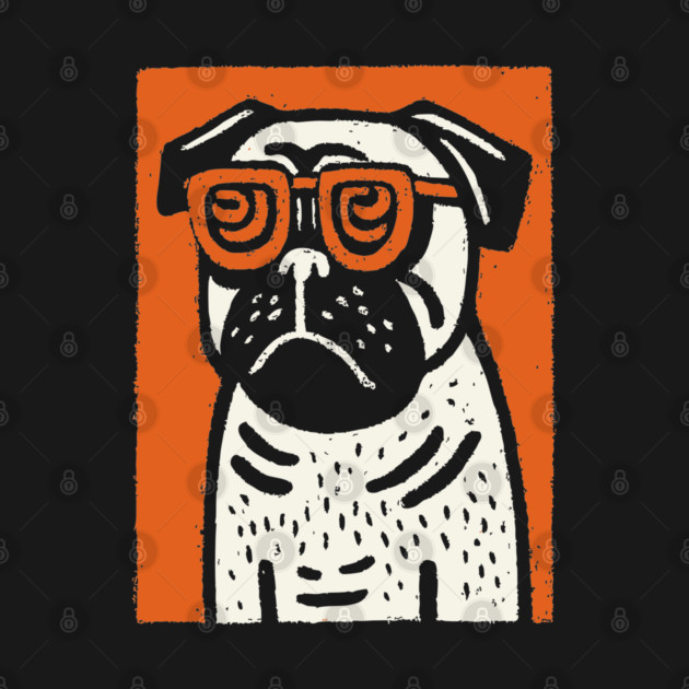 Cool Pug with Glasses | Funny Dog Linocut by TuncGK