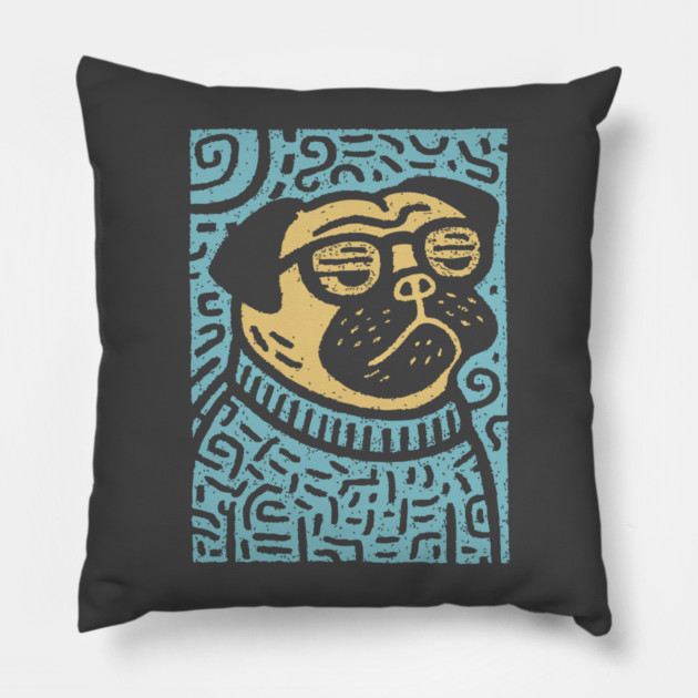 Meditating Pug | Zen Dog Linocut Art Pillow by TuncGK
