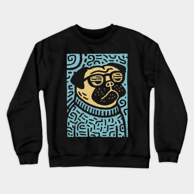 Meditating Pug | Zen Dog Linocut Art Crewneck Sweatshirt by TuncGK