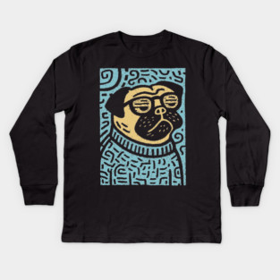 Meditating Pug | Zen Dog Linocut Art Kids Long Sleeve T-Shirt