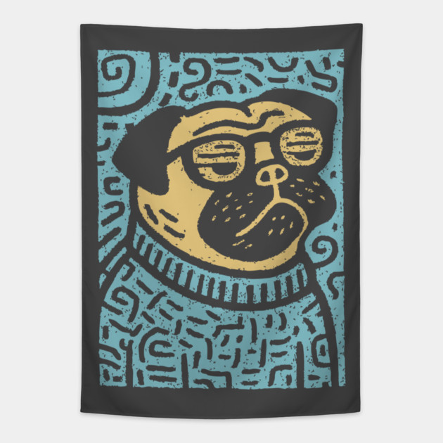 Meditating Pug | Zen Dog Linocut Art Tapestry by TuncGK