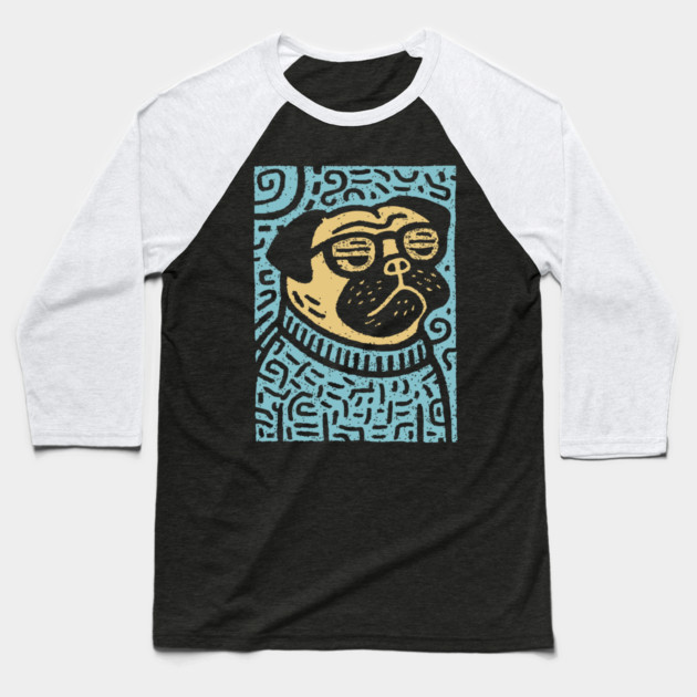 Meditating Pug | Zen Dog Linocut Art Baseball T-Shirt by TuncGK