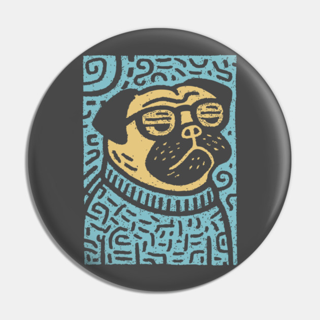 Meditating Pug | Zen Dog Linocut Art Pin by TuncGK