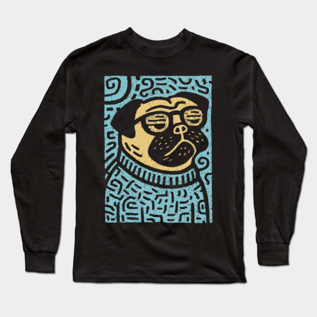 Meditating Pug | Zen Dog Linocut Art Long Sleeve T-Shirt by TuncGK