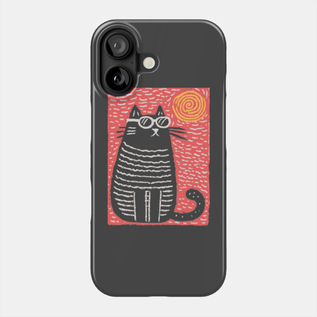 Cute Cat Watching the Sun | Boho Linocut Phone Case by TuncGK