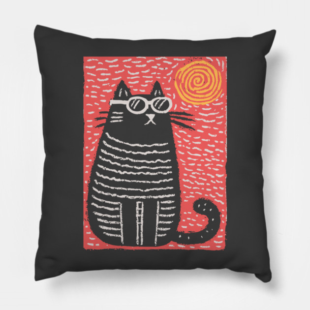 Cute Cat Watching the Sun | Boho Linocut Pillow by TuncGK