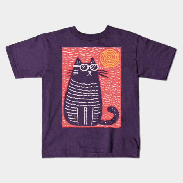 Cute Cat Watching the Sun | Boho Linocut Kids T-Shirt by TuncGK