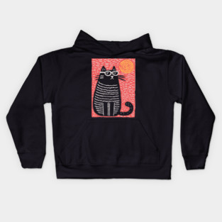 Cute Cat Watching the Sun | Boho Linocut Kids Hoodie