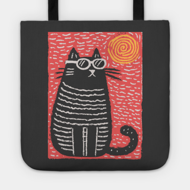 Cute Cat Watching the Sun | Boho Linocut Tote by TuncGK