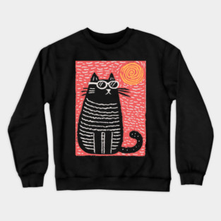 Cute Cat Watching the Sun | Boho Linocut Crewneck Sweatshirt