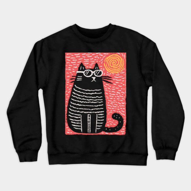 Cute Cat Watching the Sun | Boho Linocut Crewneck Sweatshirt by TuncGK
