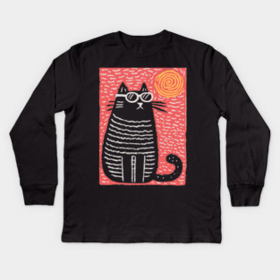 Cute Cat Watching the Sun | Boho Linocut Kids Long Sleeve T-Shirt