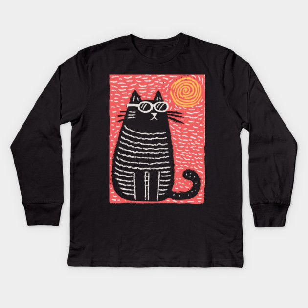 Cute Cat Watching the Sun | Boho Linocut Kids Long Sleeve T-Shirt by TuncGK