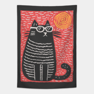 Cute Cat Watching the Sun | Boho Linocut Tapestry