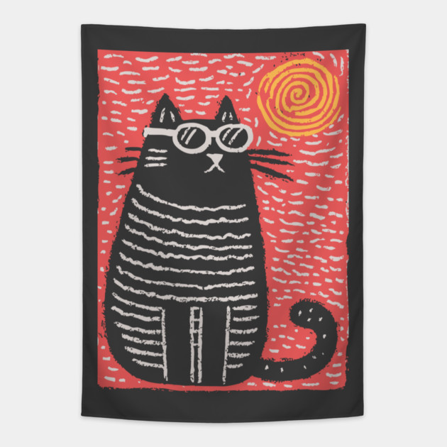 Cute Cat Watching the Sun | Boho Linocut Tapestry by TuncGK
