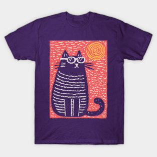 Cute Cat Watching the Sun | Boho Linocut T-Shirt