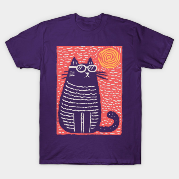 Cute Cat Watching the Sun | Boho Linocut T-Shirt by TuncGK