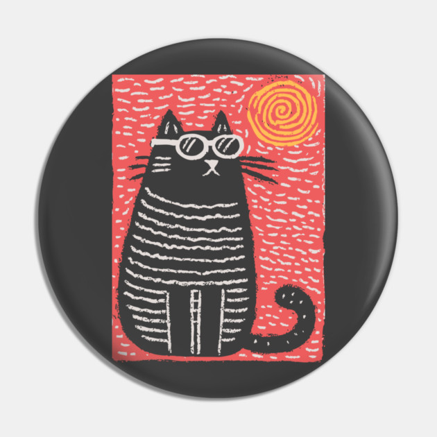 Cute Cat Watching the Sun | Boho Linocut Pin by TuncGK