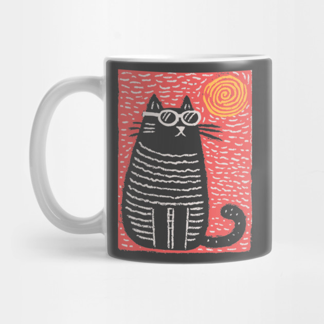 Cute Cat Watching the Sun | Boho Linocut by TuncGK